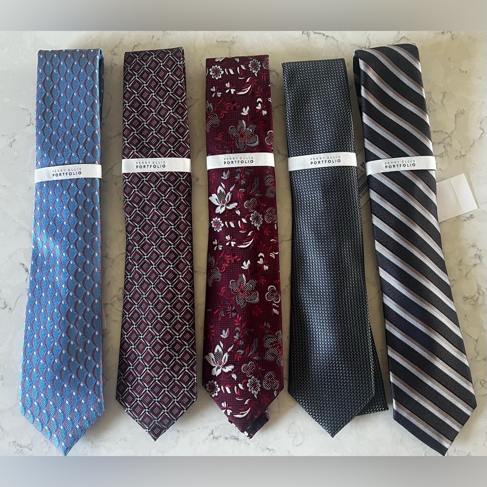 Perry Ellis Five-Piece Tie Set — Blue, Burgundy, Wine Floral, Charcoal, Striped